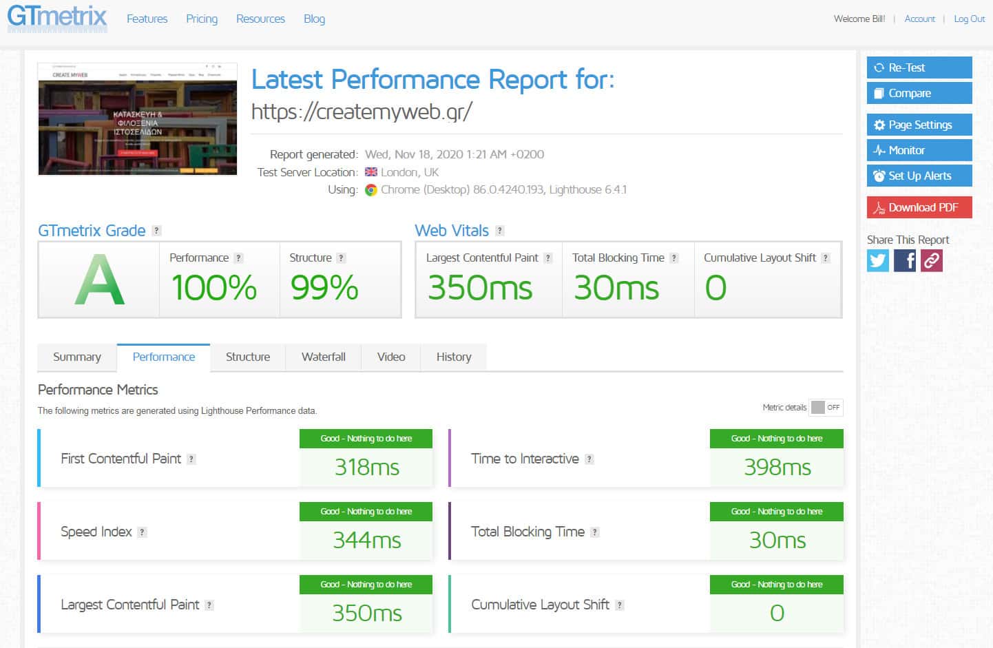 Βελτιστοποίηση Ταχύτητας Φόρτωσης Ιστοσελίδας GTmetrix Create myWeb Google Core Web Vitals