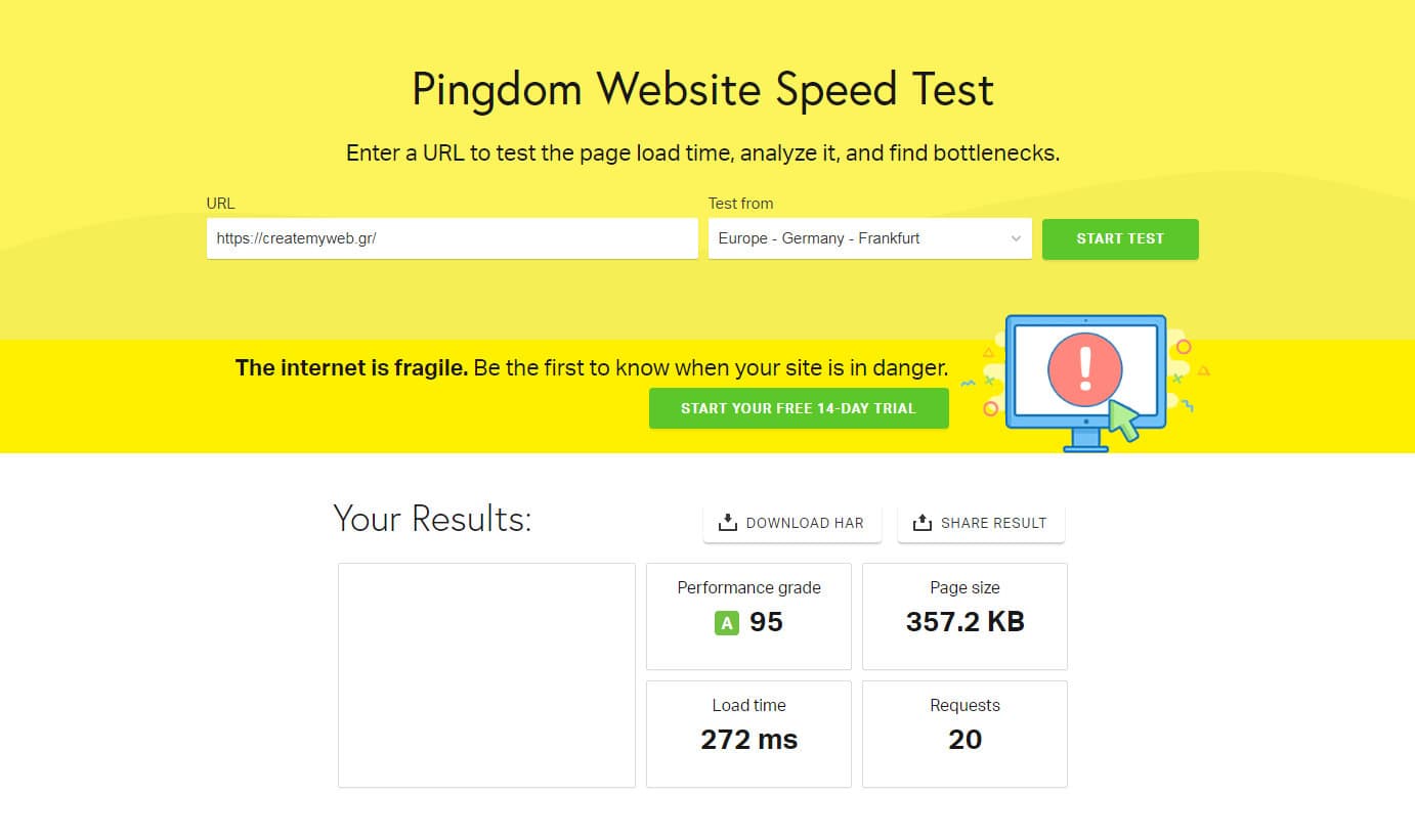 Βελτιστοποίηση Ταχύτητας Φόρτωσης Ιστοσελίδας Create myWeb Pingdom